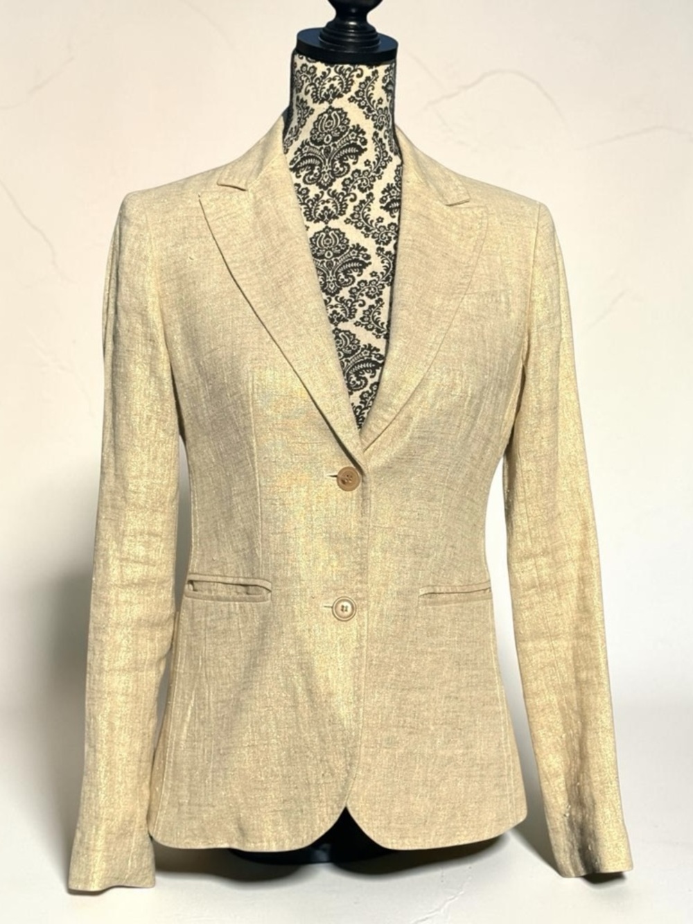 J.Crew Campbell Blazer in Metallic Gold Textured 100% Linen. Size 2.